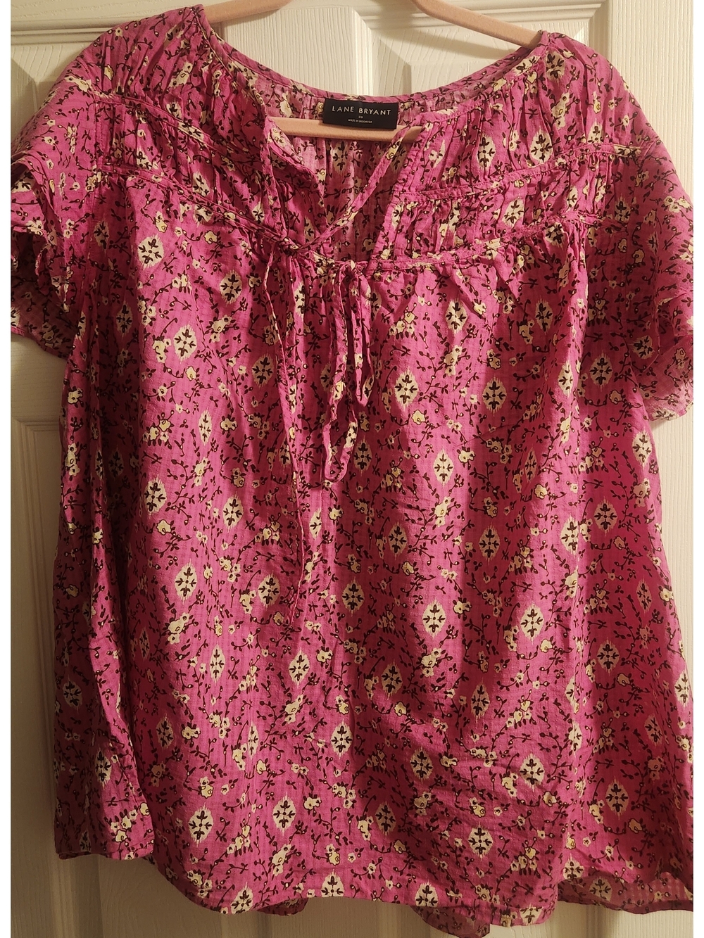 Lane Bryant Pink Floral Tie-Front Peasant Blouse